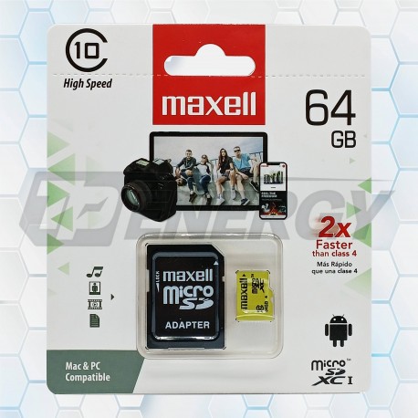 Memoria Micro SDHC 64GB Maxell Con Adaptador MCSD-64CL10